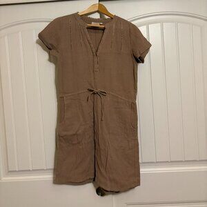 Rungolee Short Sleeve Dress Small Light Brown Drawstring Textured V Neck Casual